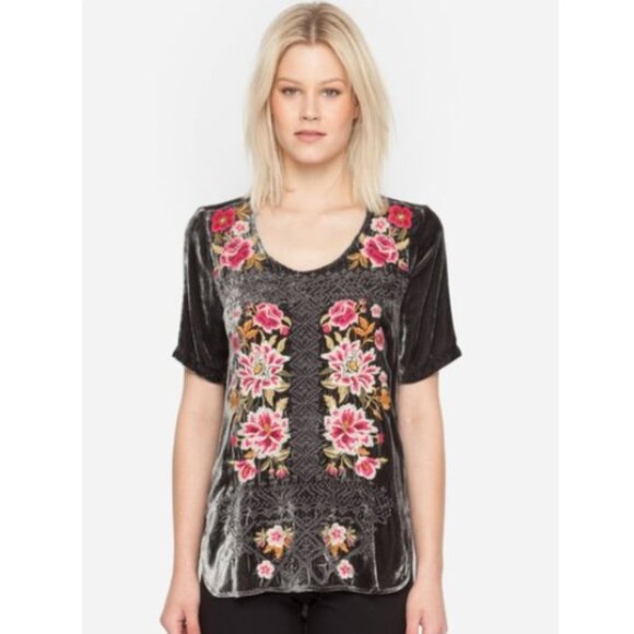 Johnny Was Hila Rose Embroidered Velvet Top grey gray xs xsmall JWLA Scoop flora - Picture 1 of 4